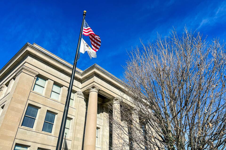 A building with a flagpole, a flag, and a leafless tree.