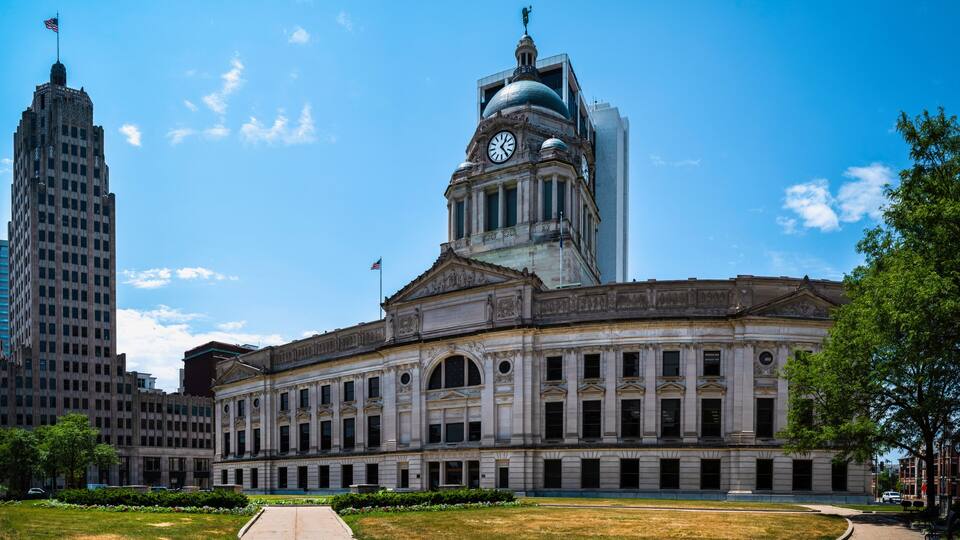 Historic downtown skyline and buildings of Lafayette, Indiana