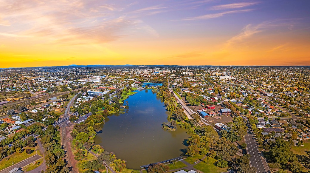 Aerial view of Lake Weeroona Bendigo. Sunrise sunset morning evening flight with spectacular views of red purple and blue skies and the Central Victoria Australia landscape.