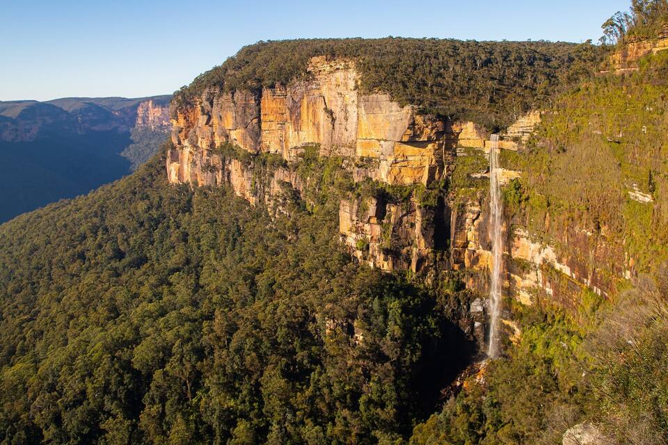 A cliff with a waterfall and dense forest.