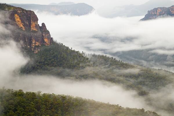 Govetts Leap lookout which includes mist or fog, landscape views and a gorge or canyon