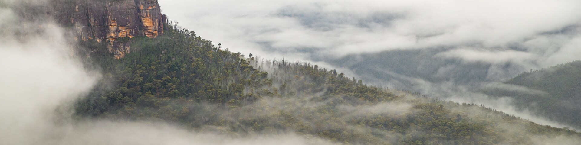 Govetts Leap lookout which includes mist or fog, landscape views and a gorge or canyon