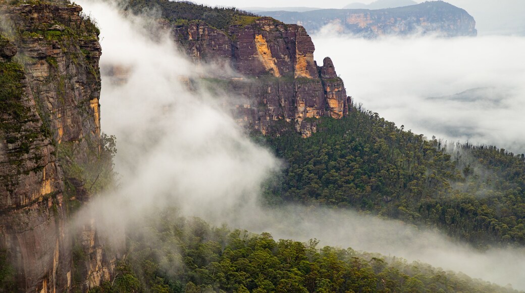 Govetts Leap lookout featuring landscape views, a gorge or canyon and mist or fog
