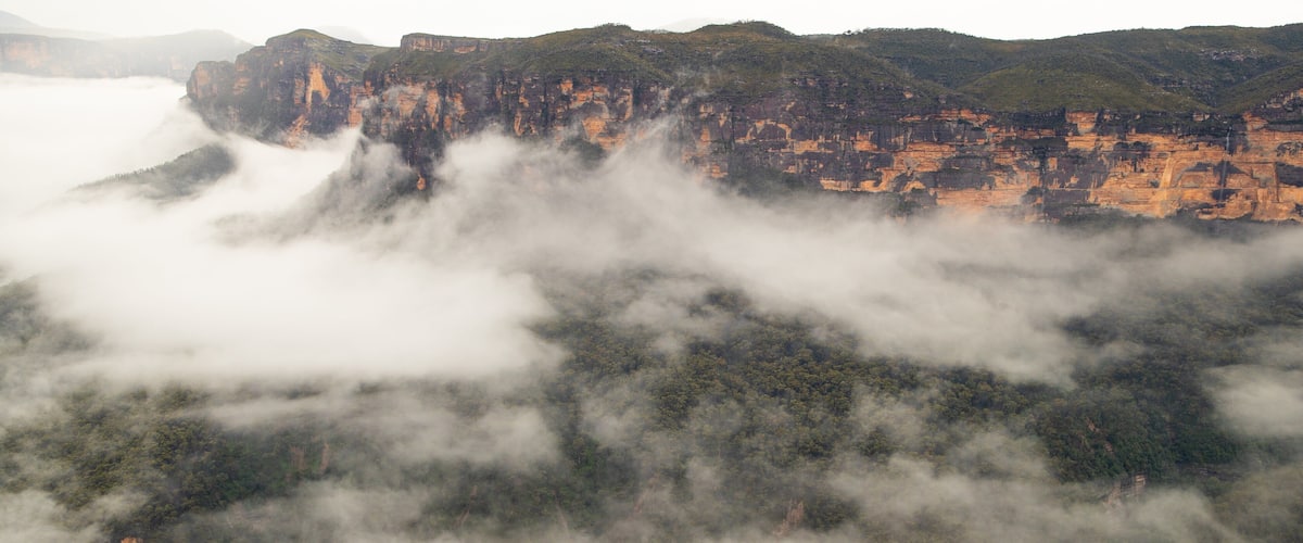 Evans Lookout which includes a gorge or canyon, mist or fog and landscape views