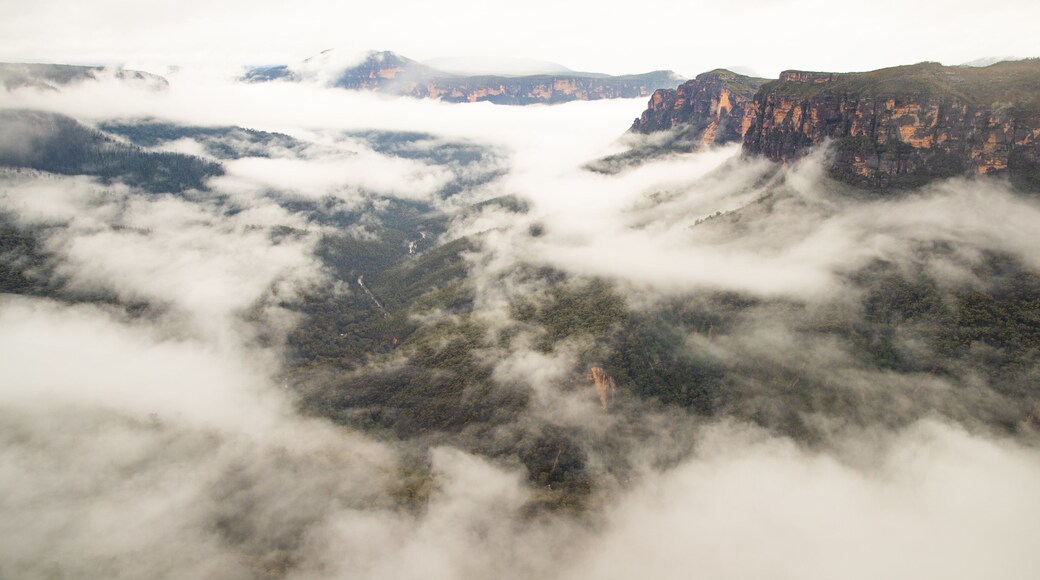 Evans Lookout showing landscape views, a gorge or canyon and mist or fog