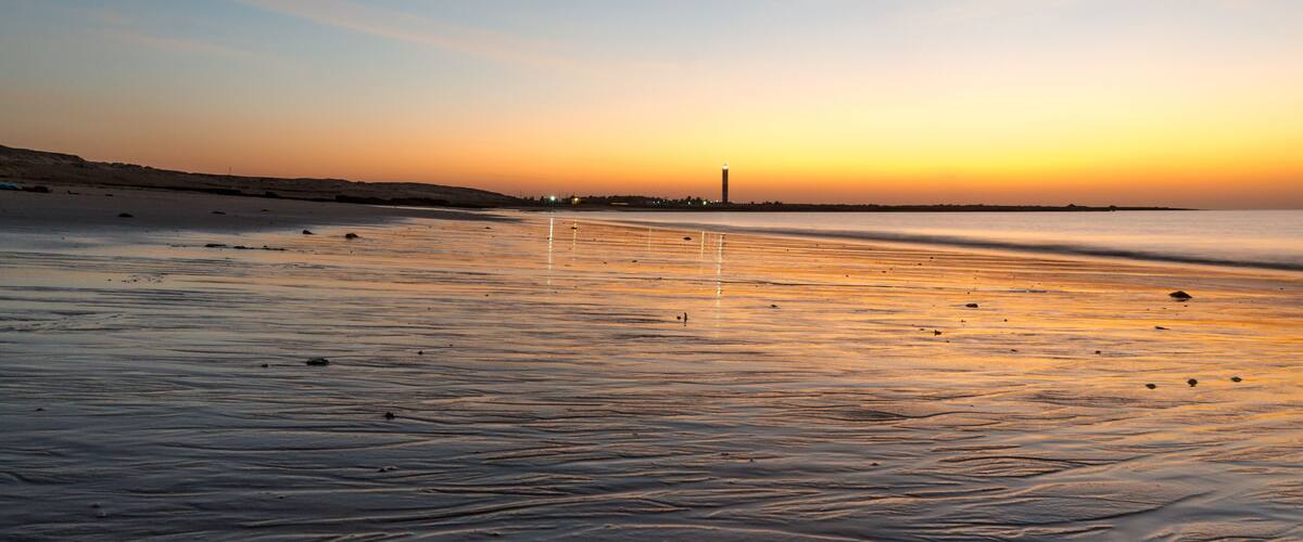 A beach at sunset with a distant tower.