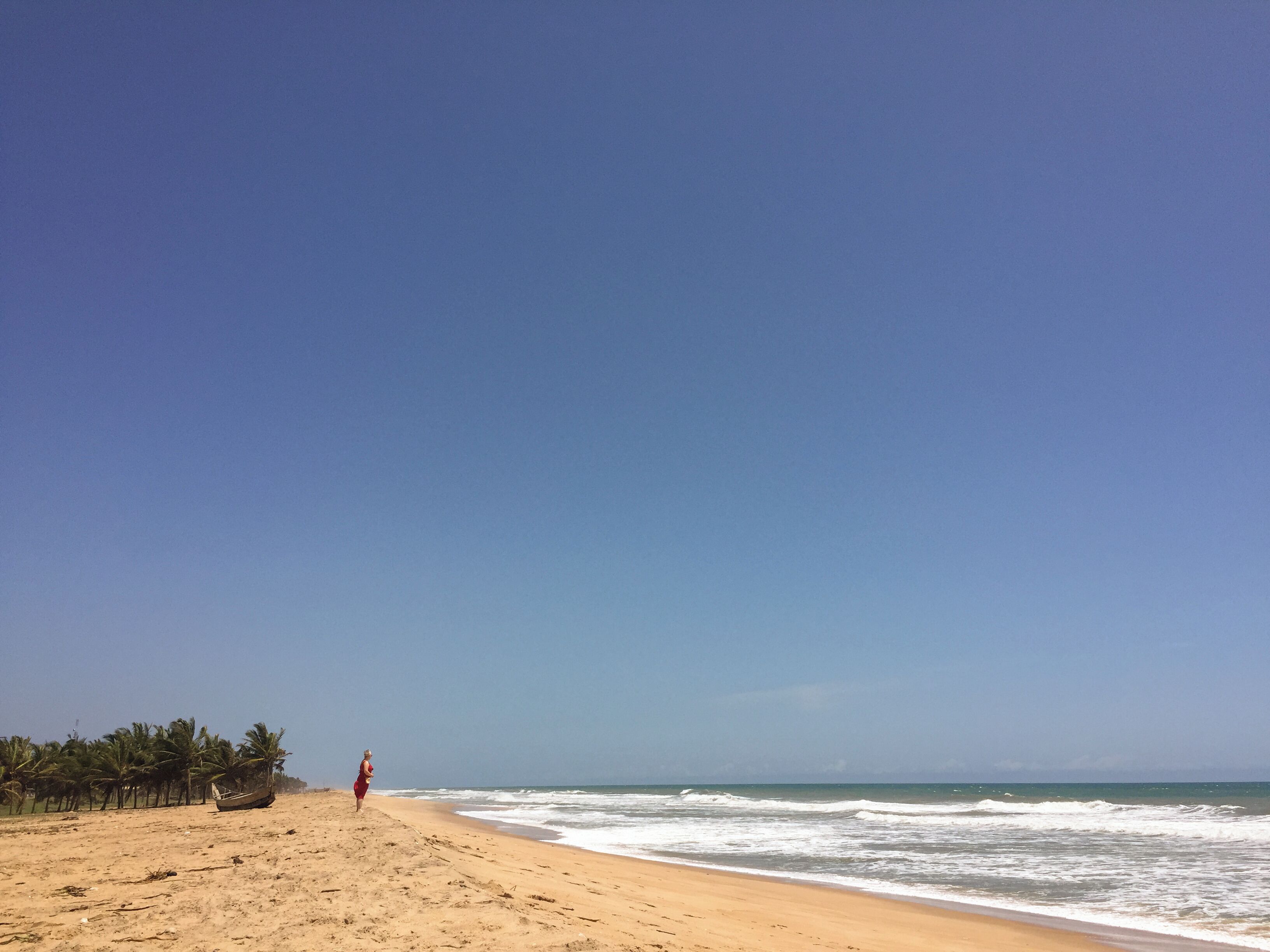 A beach with a person walking, palm trees, and a boat on the sand.