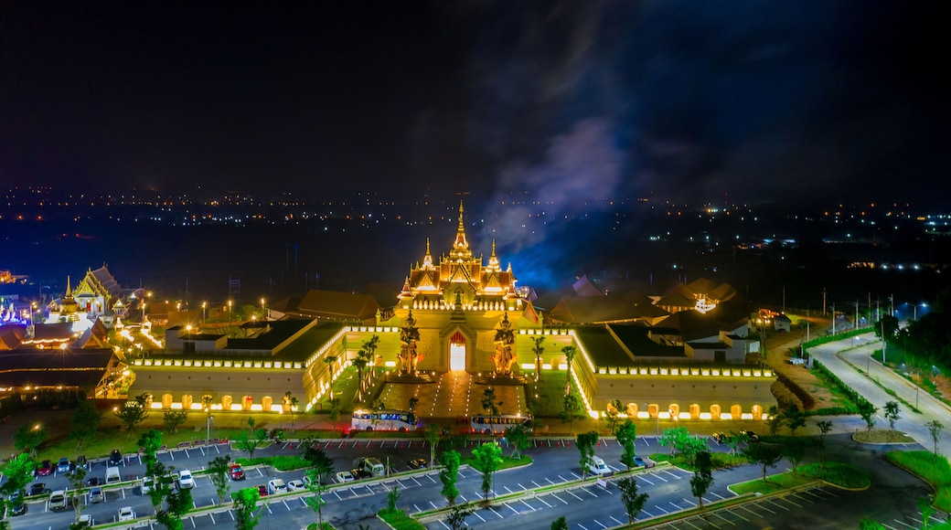 Aerial view of Legend Siam with symphony light show at night, Pattaya Thailand. Select focus.