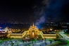 Aerial view of Legend Siam with symphony light show at night, Pattaya Thailand. Select focus.