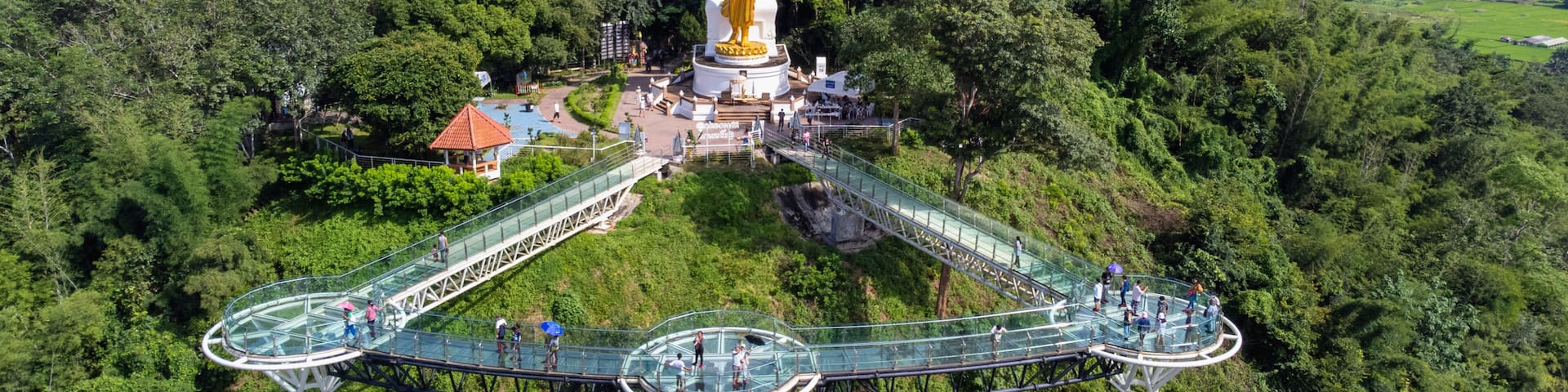 Aerial view of beautiful bridge or glass sky walk is new landmark viewpoint bettween Thailand and Laos PDR at Phra Yai Phu Khok Ngio Chiang Khan, Loei Province, Mekong river Thailand