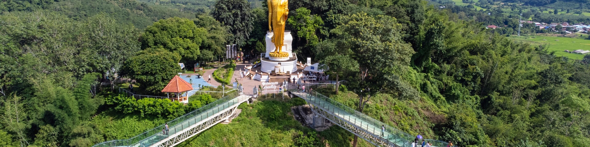 Aerial view of beautiful bridge or glass sky walk is new landmark viewpoint bettween Thailand and Laos PDR at Phra Yai Phu Khok Ngio Chiang Khan, Loei Province, Mekong river Thailand