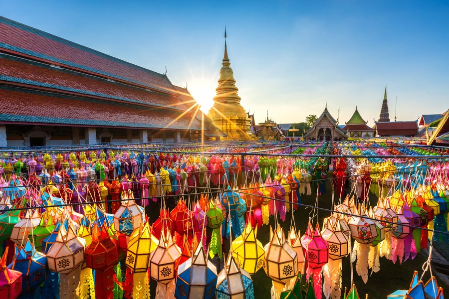 The Beautiful Lanna lamp lantern are northern thai style lanterns in Loi Krathong or Yi Peng Festival at Wat Phra That Hariphunchai is a Buddhist temple in Lamphun, Thailand.