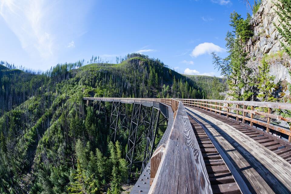 A wooden bridge over a forested valley with a mountain in the background.