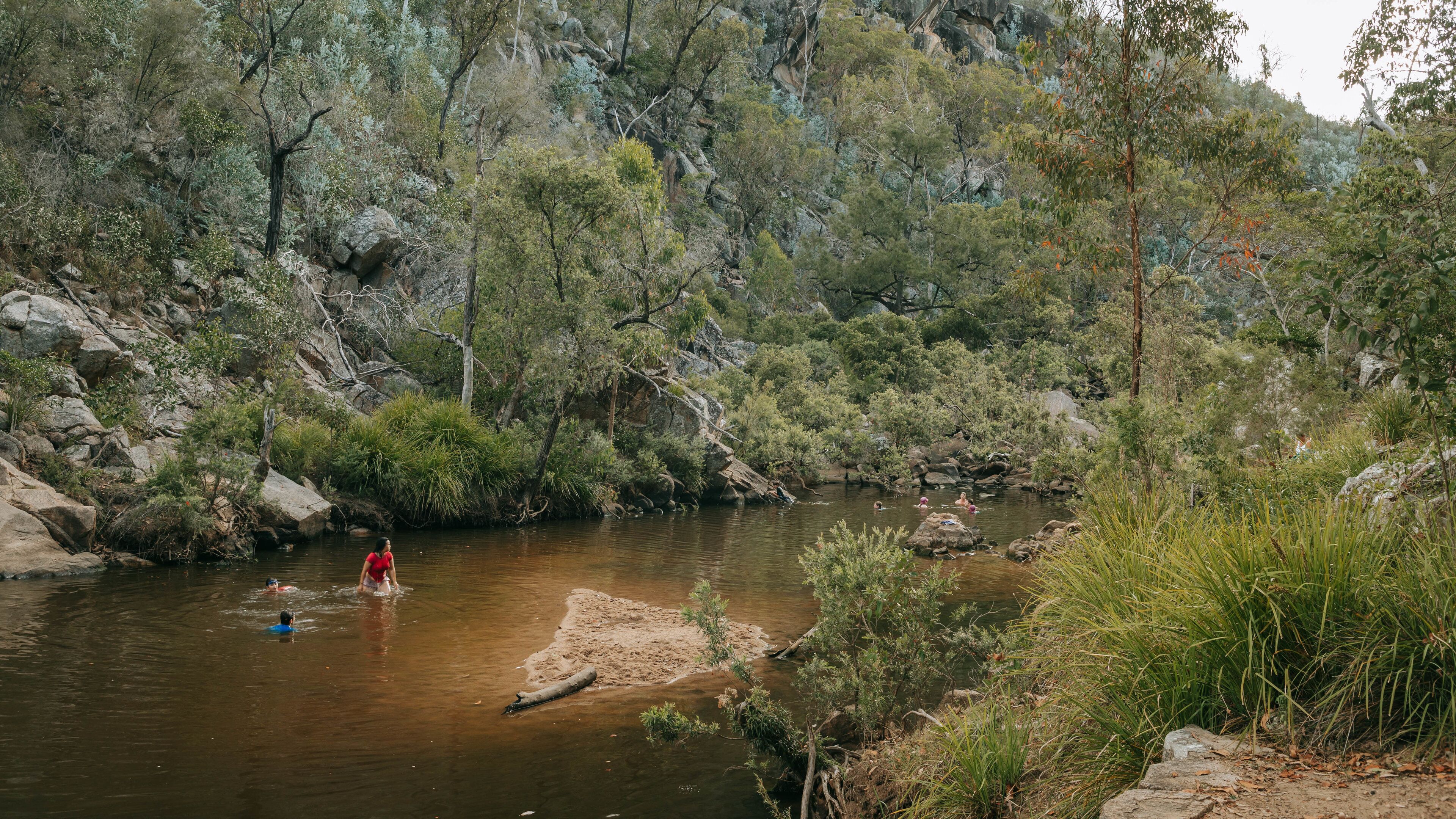 A river surrounded by dense forest and rocky terrain.