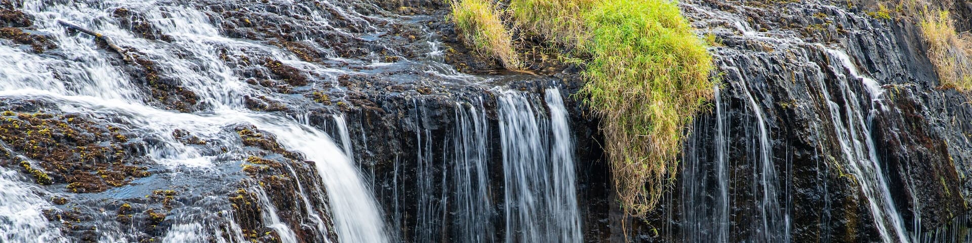 Una cascada se precipita sobre rocas oscuras cubiertas de musgo.