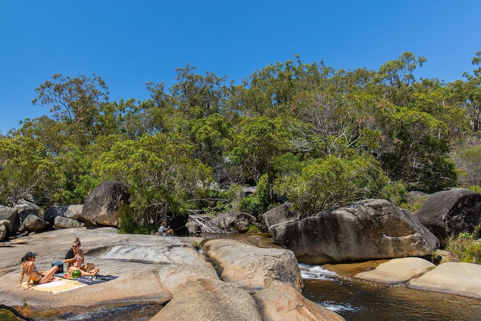 Un paisaje natural con grandes rocas, un pequeño arroyo y abundante vegetación verde.