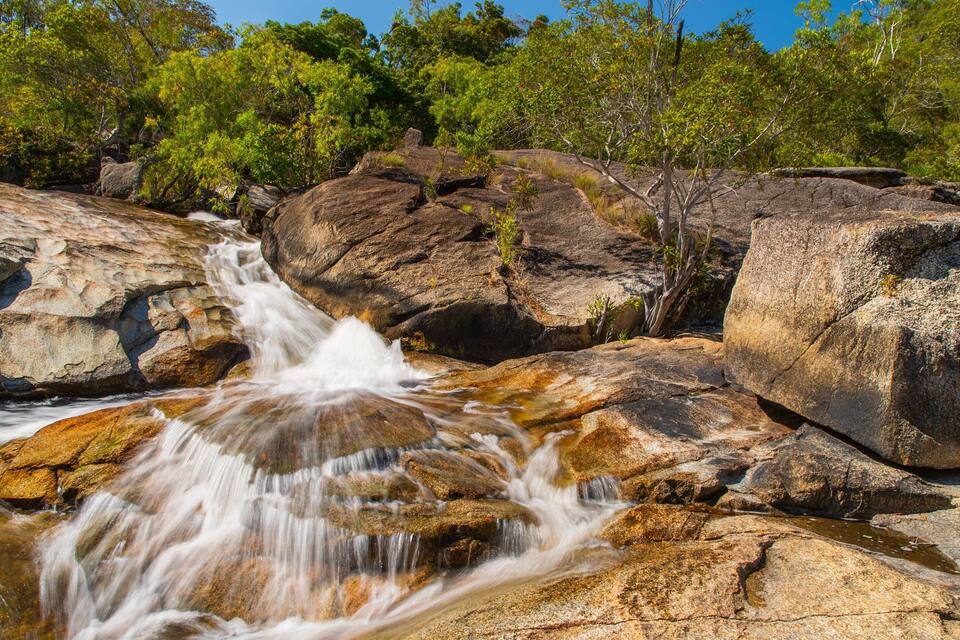 Una cascada fluye sobre rocas en un área boscosa.