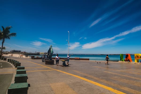 A coastal promenade with palm trees, benches, a sculpture, and colorful letters spelling 'LAPA' on the pavement.