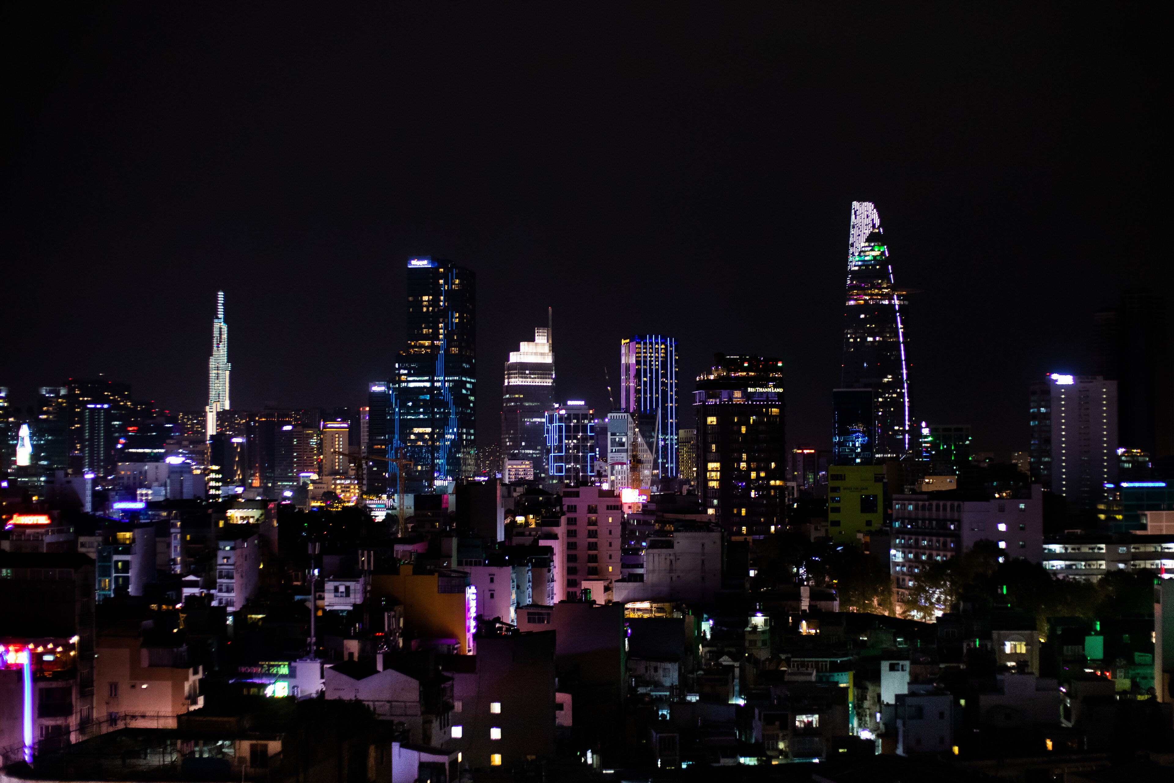 Ho Chi Minh city skyline at night. Skyscrapers, apartment buildings. Saigon Skydeck (Bitexco), Vincom Landmark 81. Ho Chi Minh - Saigon, Vietnam, Southeast Asia