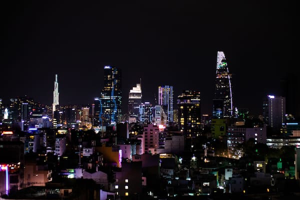 Ho Chi Minh city skyline at night. Skyscrapers, apartment buildings. Saigon Skydeck (Bitexco), Vincom Landmark 81. Ho Chi Minh - Saigon, Vietnam, Southeast Asia