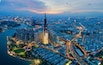 Aerial cityscape of Saigon at beautiful nightfall sky in evening