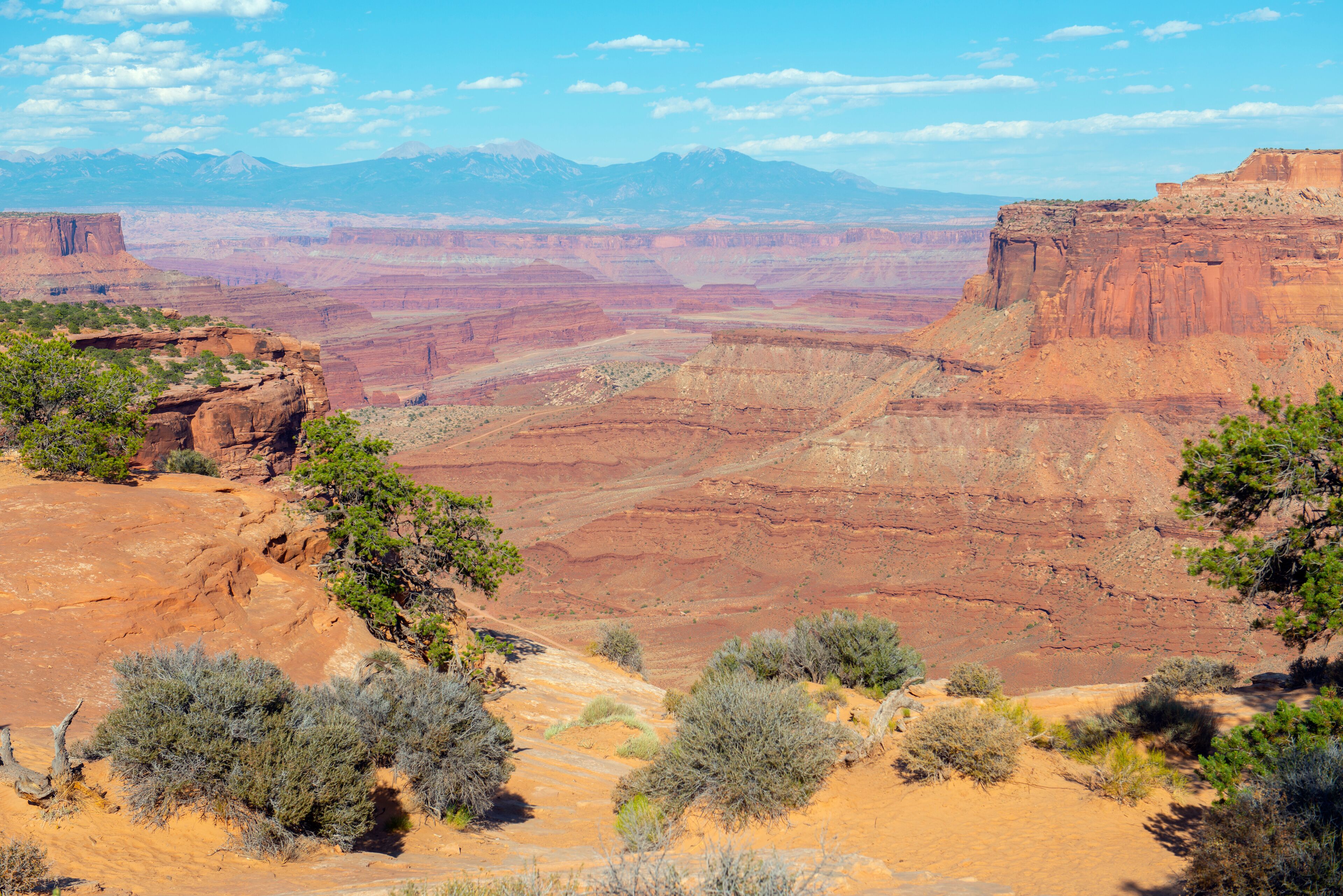 Aerial view of canyon at the Island in the Sky Visitor Center with La Sal Mountains at the background in Canyonlands National Park, Moab, Utah, USA.