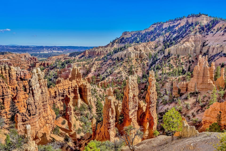 A canyon with tall rock formations and a mountain in the background.