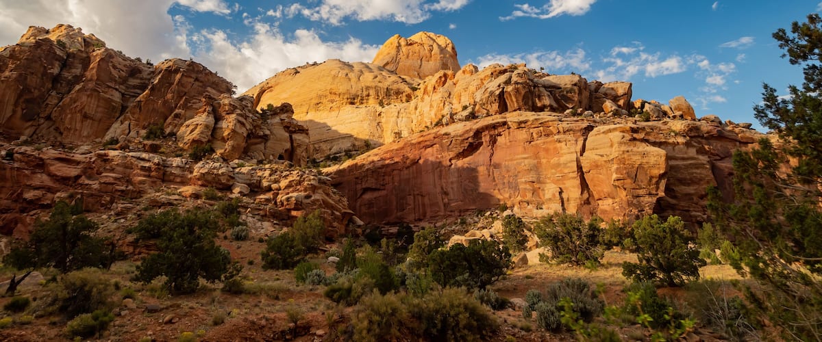 Sunset view of the Golden Throne of Capitol Reef National Park visitor center