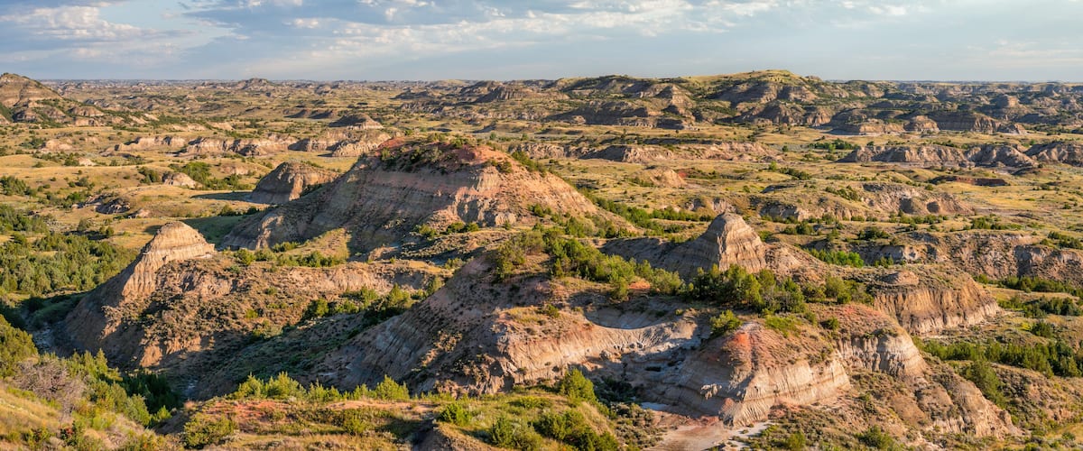 Early morning light on the Painted Canyon Overlook in the Theodore Roosevelt National Park - South Unit on the Little Missouri River - North Dakota Badlands