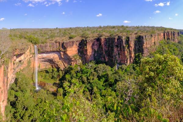 Beautiful Bridal Veil, Veu Da Noiva waterfall in Chapada Dos Guimaraes National Park, Cuiaba, Mato Grosso, Brazil