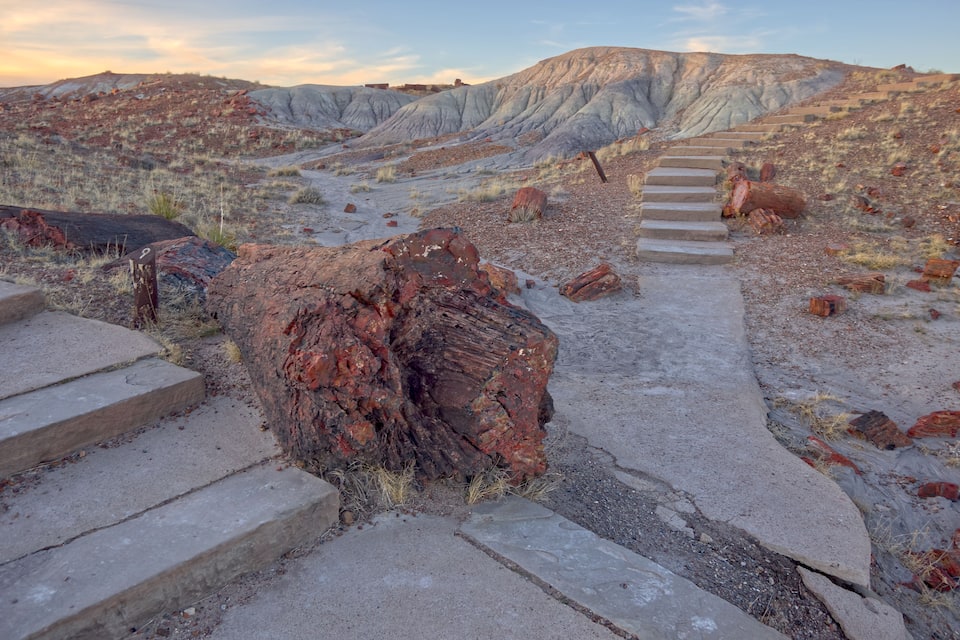 Paisatge de desert amb una escala de pedra que puja per un turó, envoltat d'indretades de roca vermella i vegetació escassa.