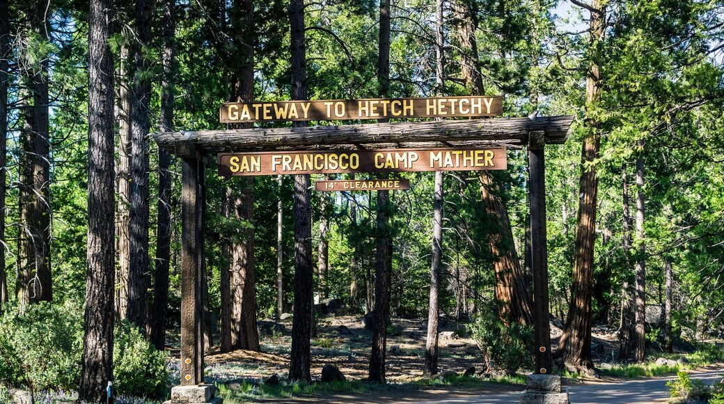Entrance to Camp Mather, managed by San Francisco Recreation & Parks Department; the camp is located in the forests of Hetch Hetchy area, Yosemite National Park, Sierra Nevada mountains, California