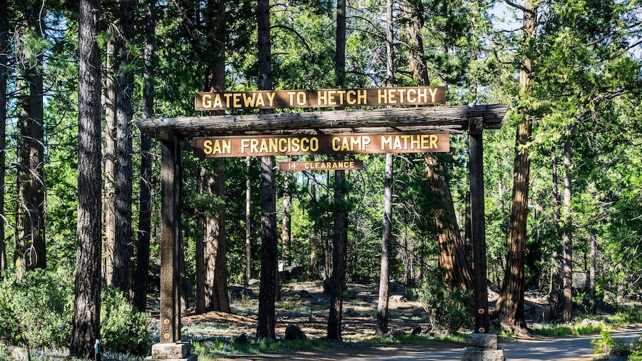 Entrance to Camp Mather, managed by San Francisco Recreation & Parks Department; the camp is located in the forests of Hetch Hetchy area, Yosemite National Park, Sierra Nevada mountains, California