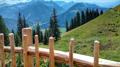 A wooden fence with a view of a mountain range and a valley.