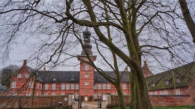 Um edifício de tijolos grande com uma torre e uma árvore em primeiro plano.