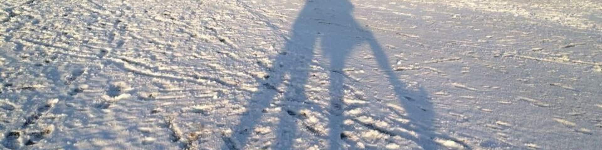 A snow-covered landscape with tracks and a shadow of a person.