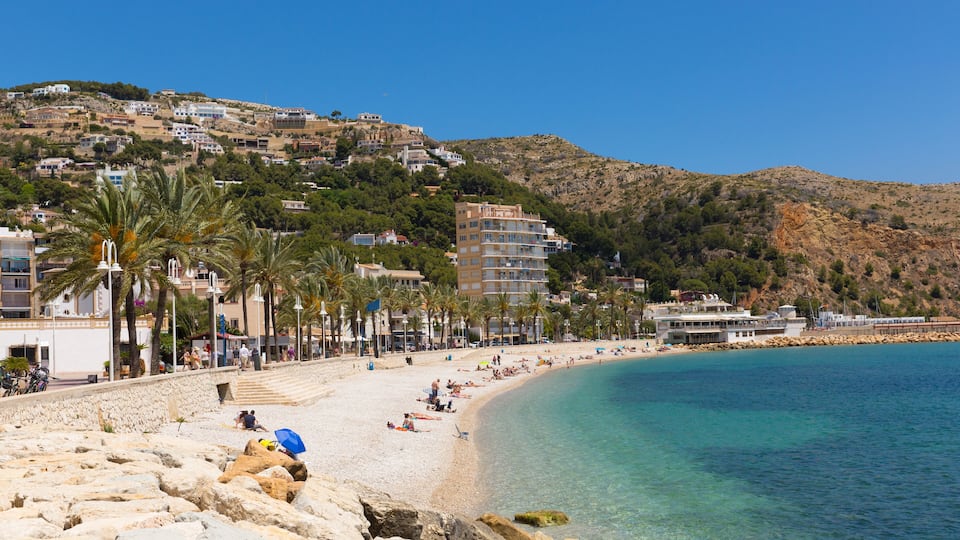 A coastal town with a sandy beach, palm trees, and buildings on a hillside.