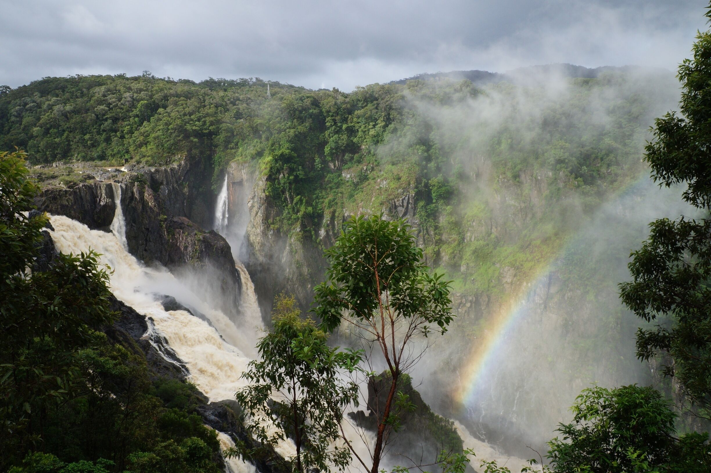 A waterfall cascading down a steep cliff surrounded by lush greenery and a visible rainbow.