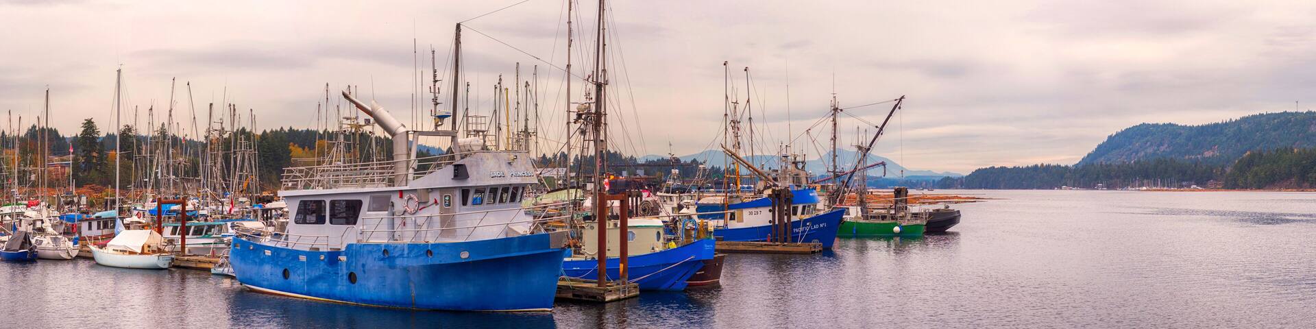 Panoramic view of Ladysmith marina, taken in Vancouver Island, BC, Canada