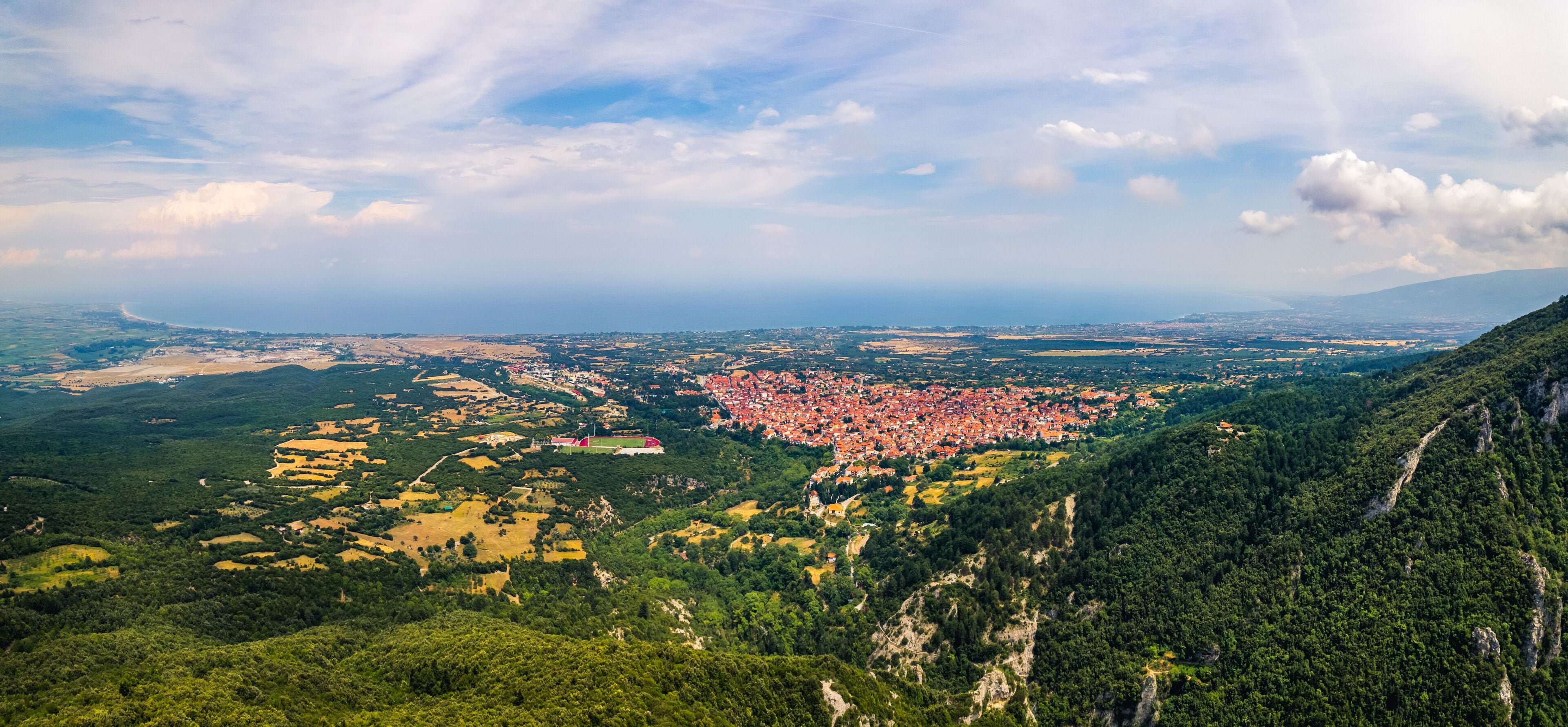 breathtaking ascending view of Leptokaria and Litochoro from Mount Olympus. High quality photo