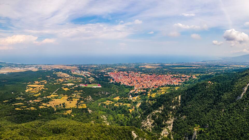 breathtaking ascending view of Leptokaria and Litochoro from Mount Olympus. High quality photo