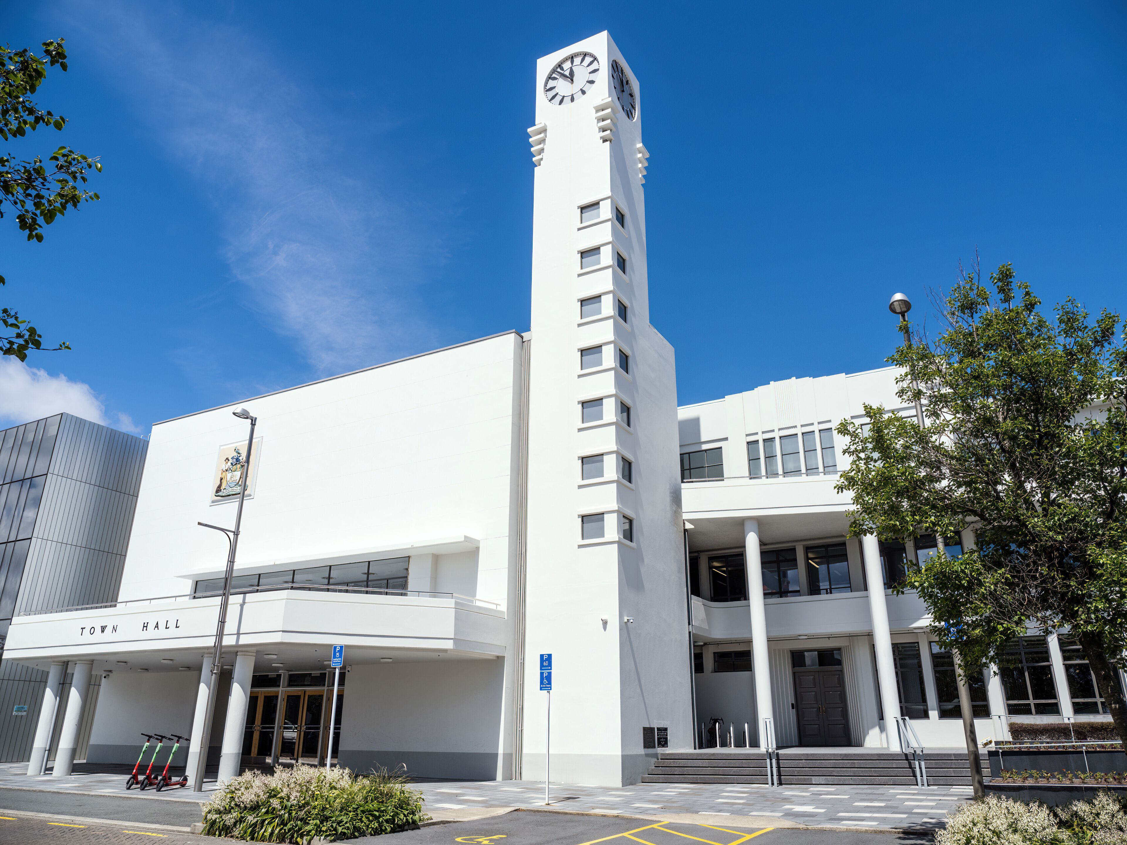 Lower Hutt Town Hall and Clocktower. Building entrance.