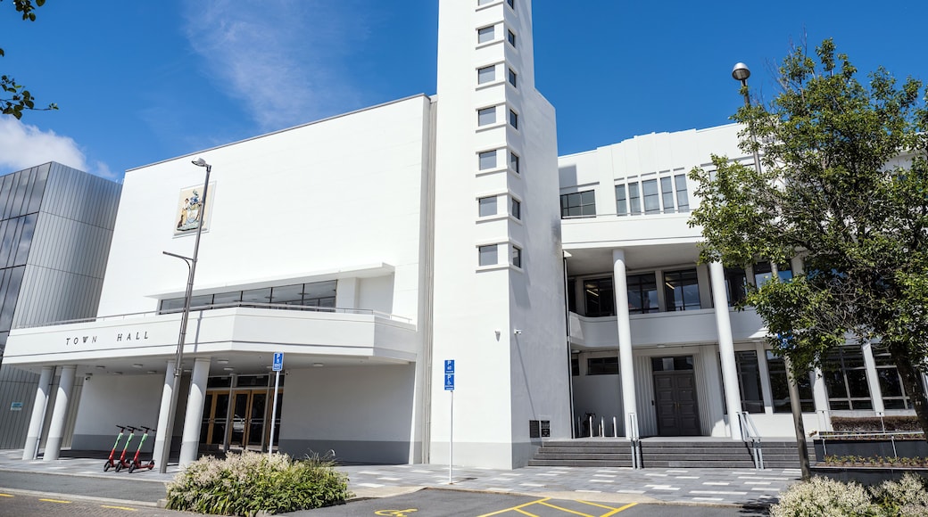 Lower Hutt Town Hall and Clocktower. Building entrance.