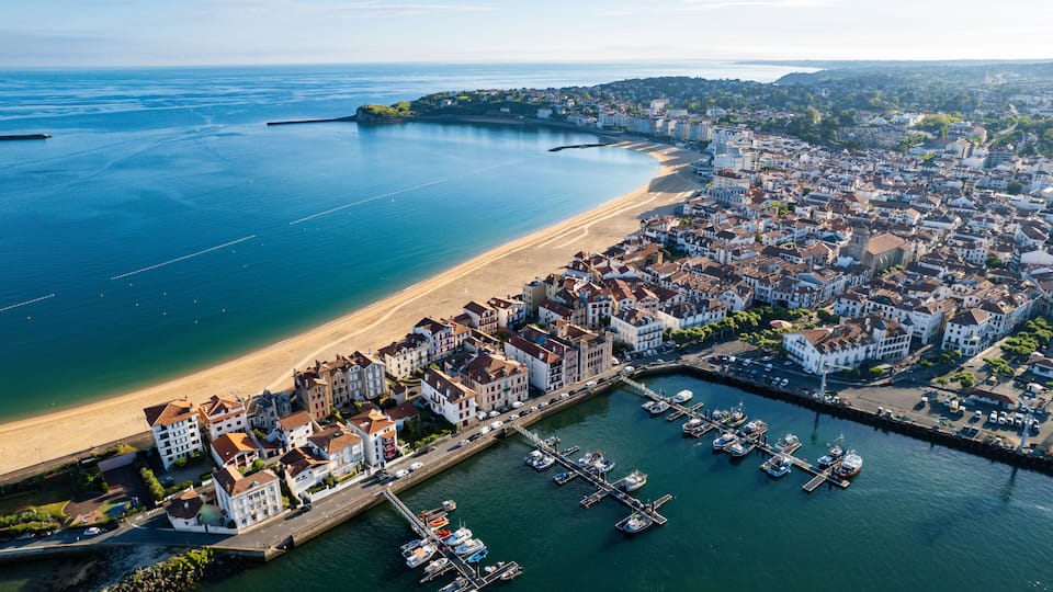 An aerial view of a coastal town with a marina, beach, and dense urban area.