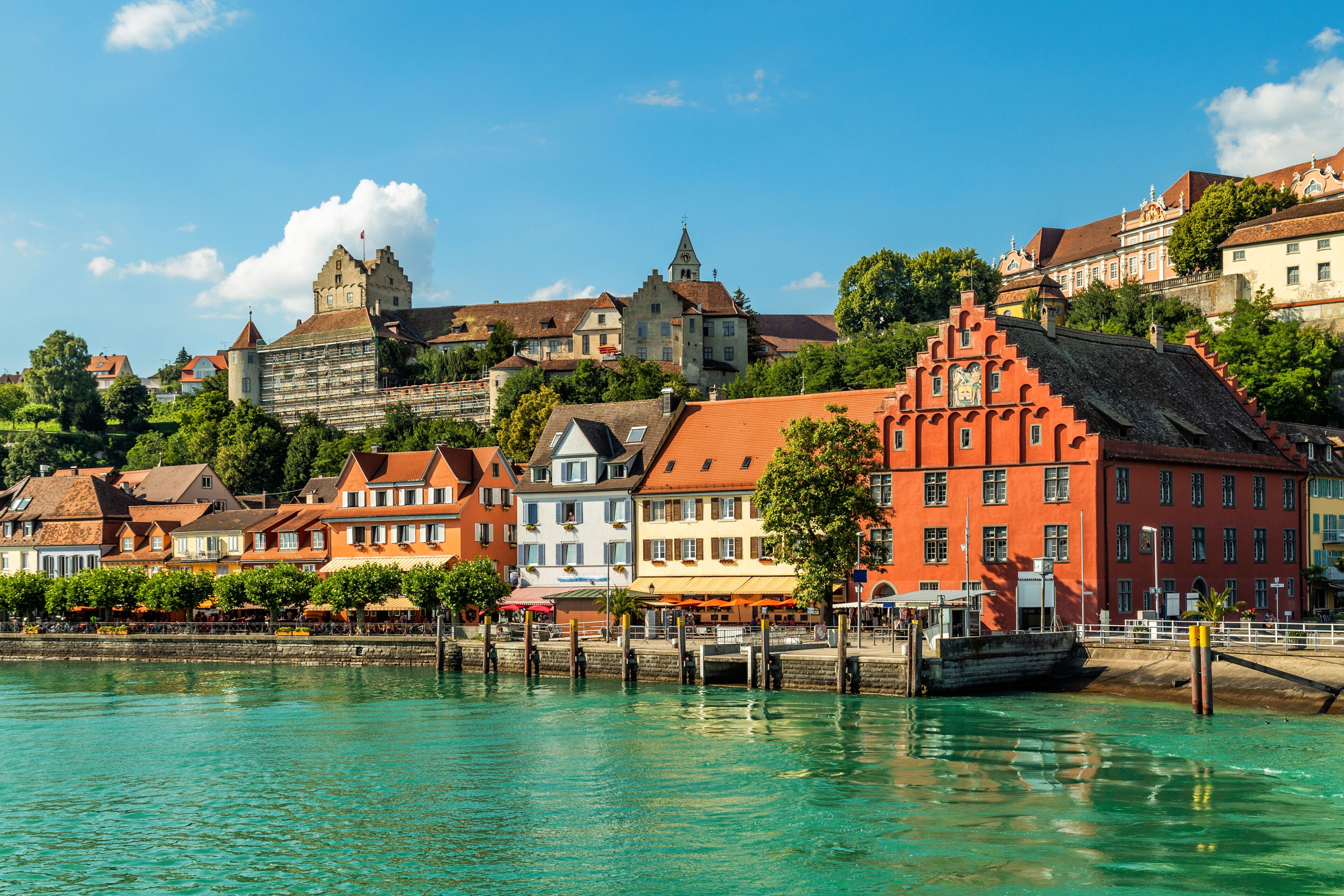 Meersburg, town in the German state of Baden-Wurttemberg on the shore of Lake Constance (Bodensee), famous for a Medieval Meersburg Castle. As seen from a ferry to Konstanz