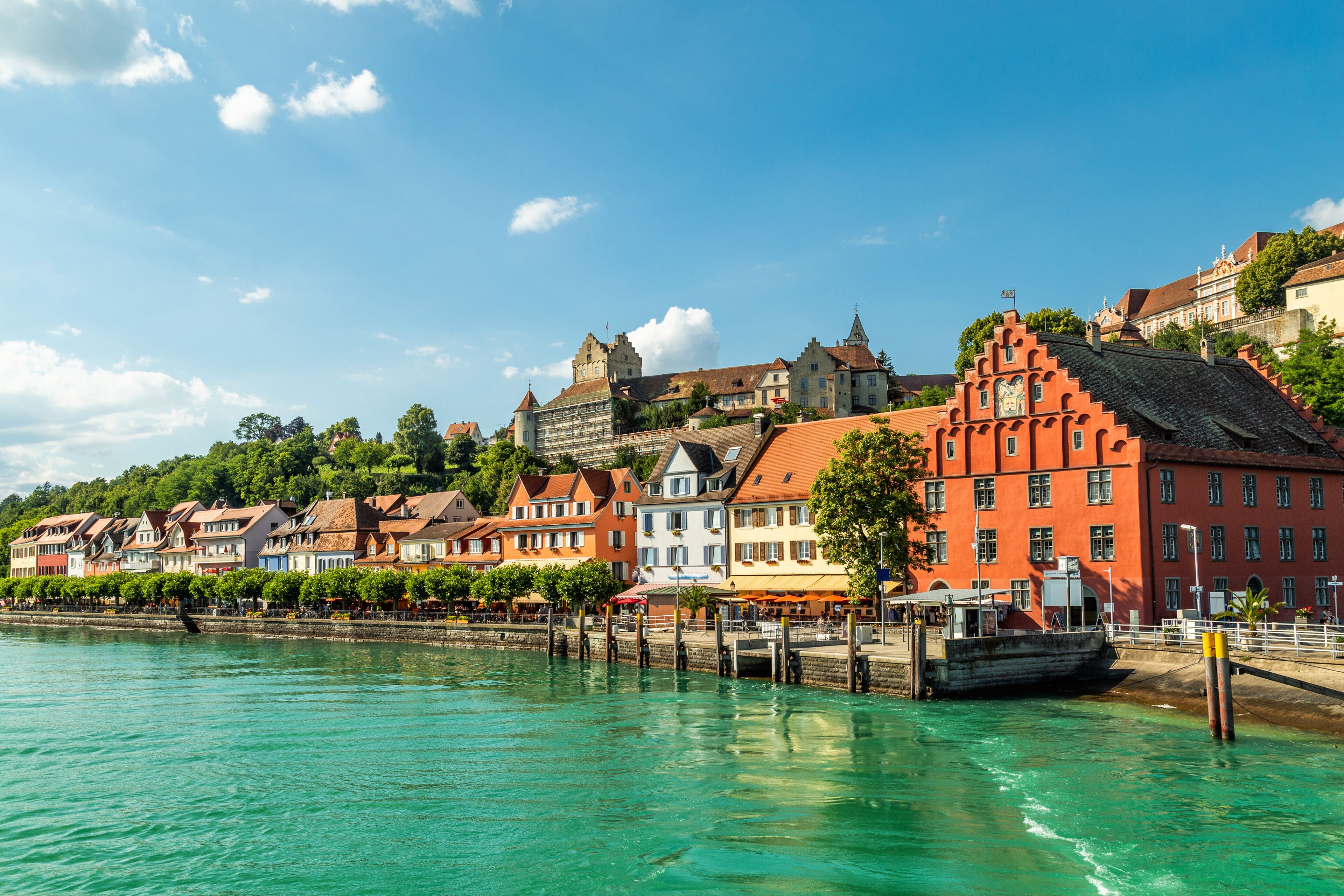 Meersburg, town in the German state of Baden-Wurttemberg on the shore of Lake Constance (Bodensee), famous for a Medieval Meersburg Castle. As seen from a ferry to Konstanz