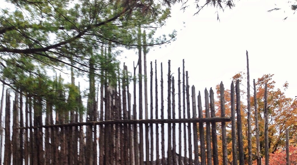 Entrance to the village.
Unfortunately no one was around to explain what we were looking at so my knowledge of this is limited to what the signs said.
They believe this area was inhabited by ancestors of the Wendat (Huron) or Attawandaron (Neutral) confederacies.