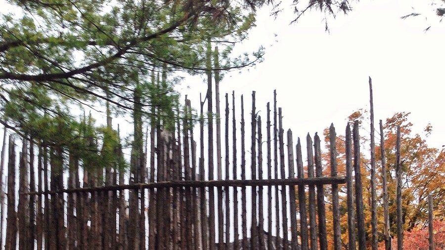 Entrance to the village.
Unfortunately no one was around to explain what we were looking at so my knowledge of this is limited to what the signs said.
They believe this area was inhabited by ancestors of the Wendat (Huron) or Attawandaron