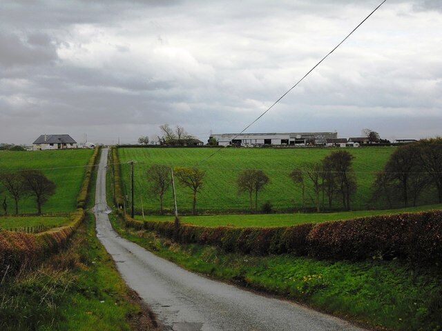 A rural road leading to a farmstead with green fields and a cloudy sky.