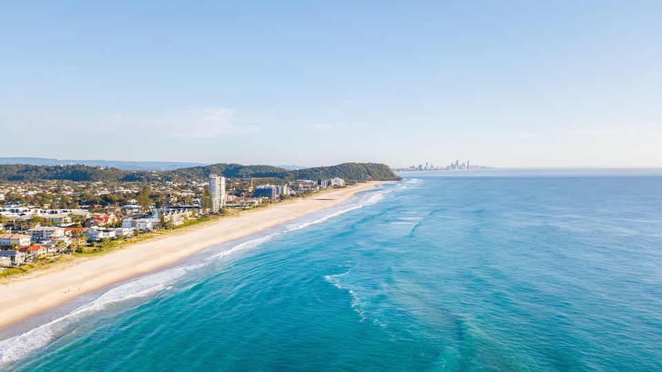 An aerial view of Palm Beach on the Gold Coast in Queensland Australia on a clear blue water day